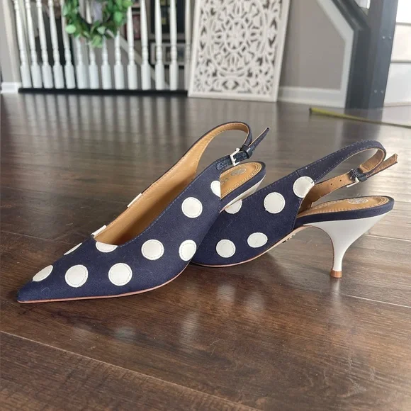 NEW TORY BURCH Navy Blue White Polka Dot Kitten Heel Sling Back Shoes Size 7